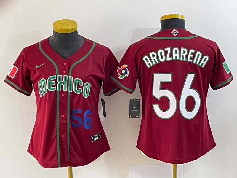 Women's Mexico Baseball #56 Randy Arozarena Number 2023 Red World Classic Stitched Jersey 4
